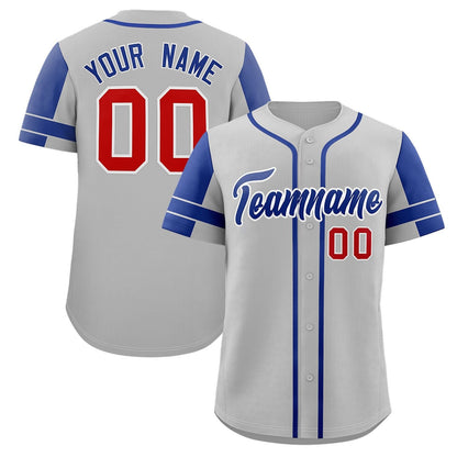 Custom Gray Royal Personalized Raglan Sleeves Authentic Baseball Jersey