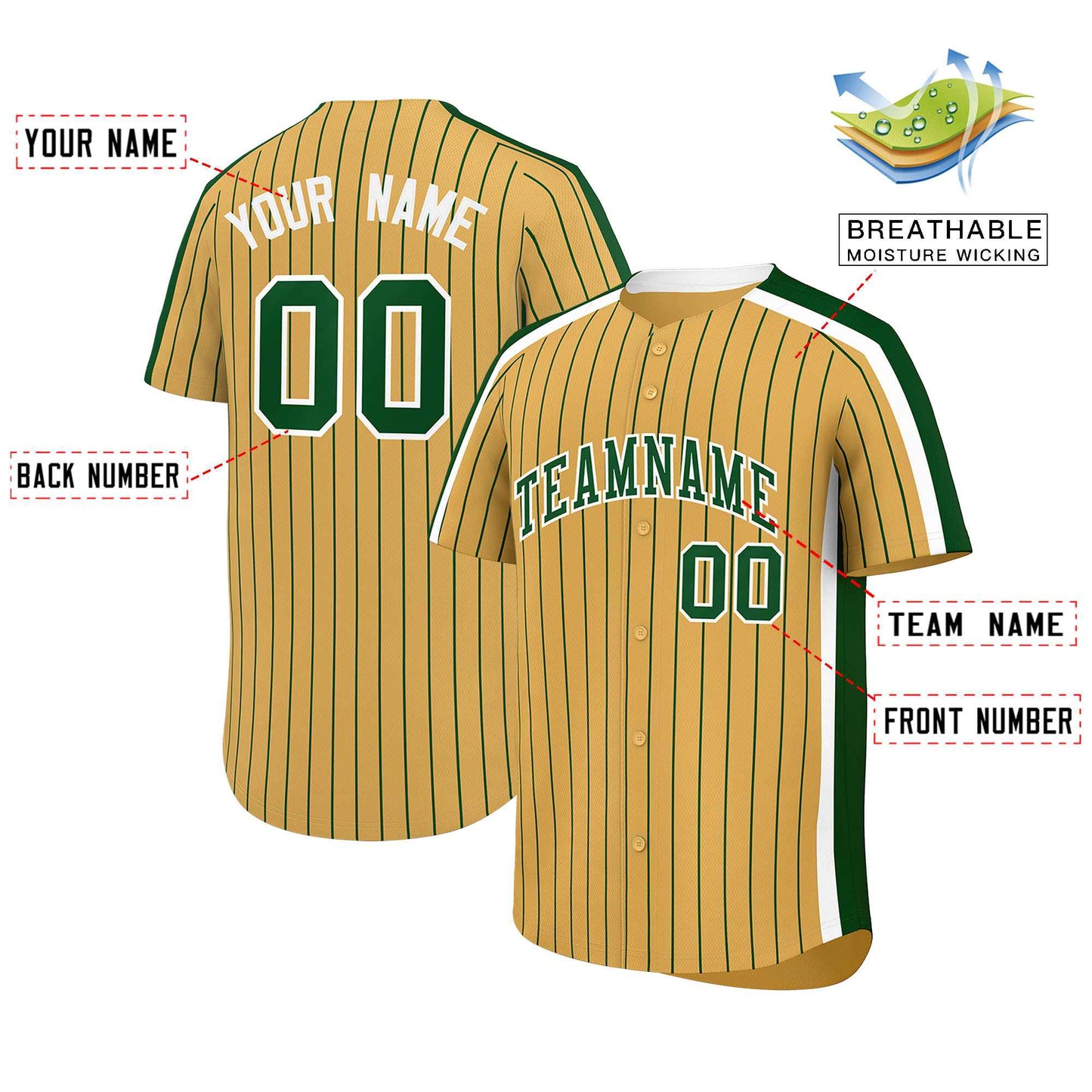 Custom Old Gold Green Pinstripe Personalized Side Two-tone Authentic Baseball Jersey