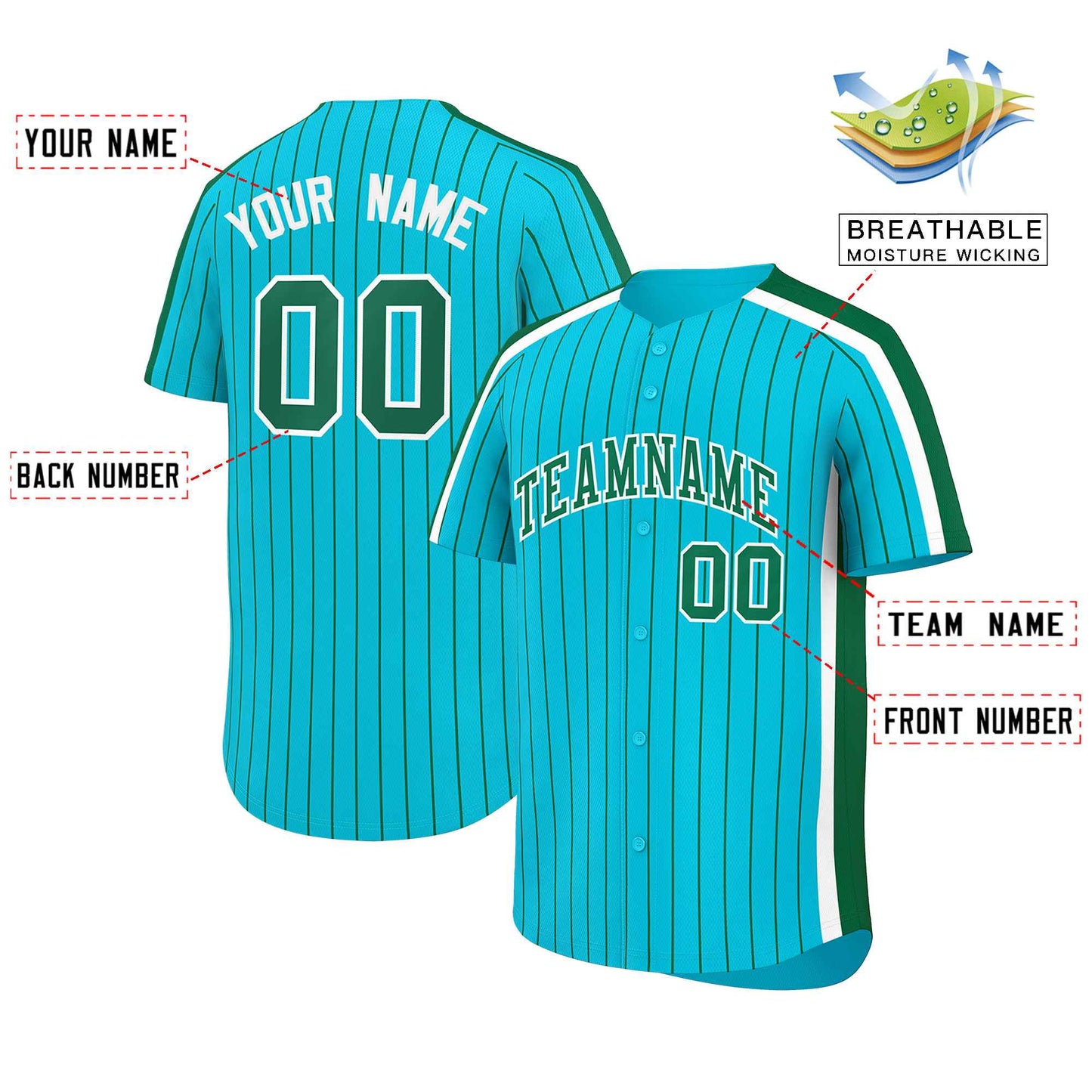 Custom Sky Blue Green Pinstripe Personalized Side Two-tone Authentic Baseball Jersey