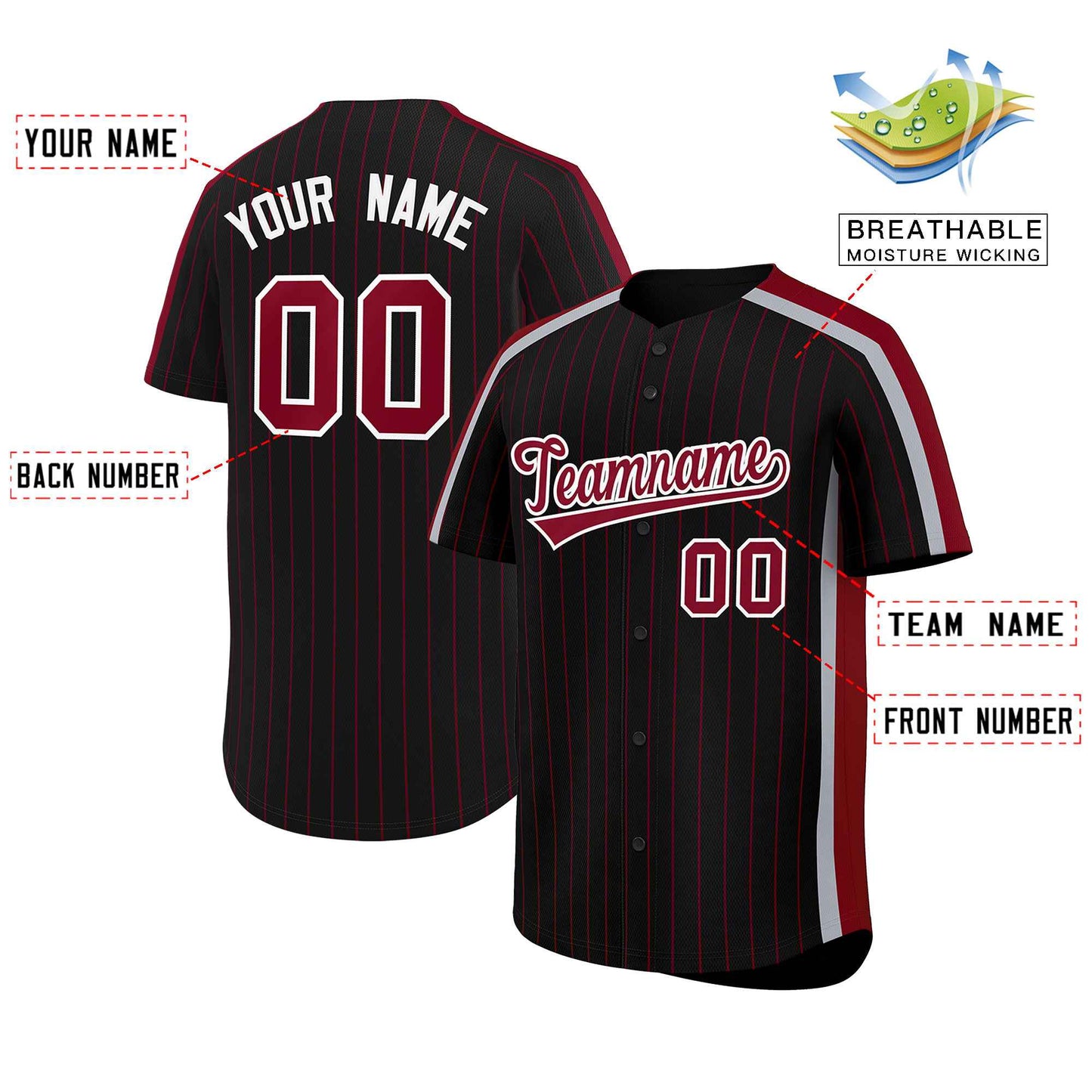 Custom Black Crimson Pinstripe Personalized Side Two-tone Authentic Baseball Jersey