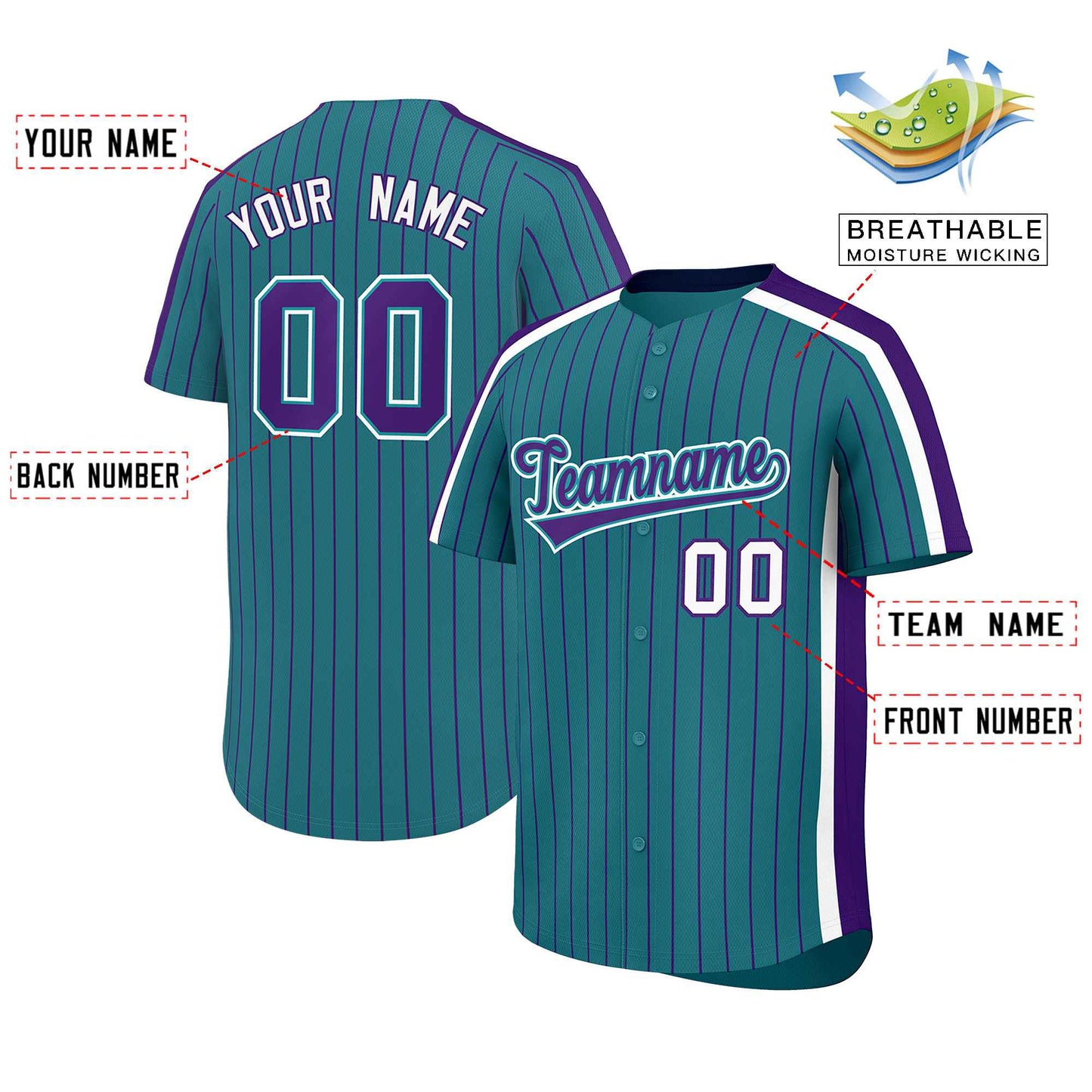 Custom Aqua Purple Pinstripe Personalized Side Two-tone Authentic Baseball Jersey