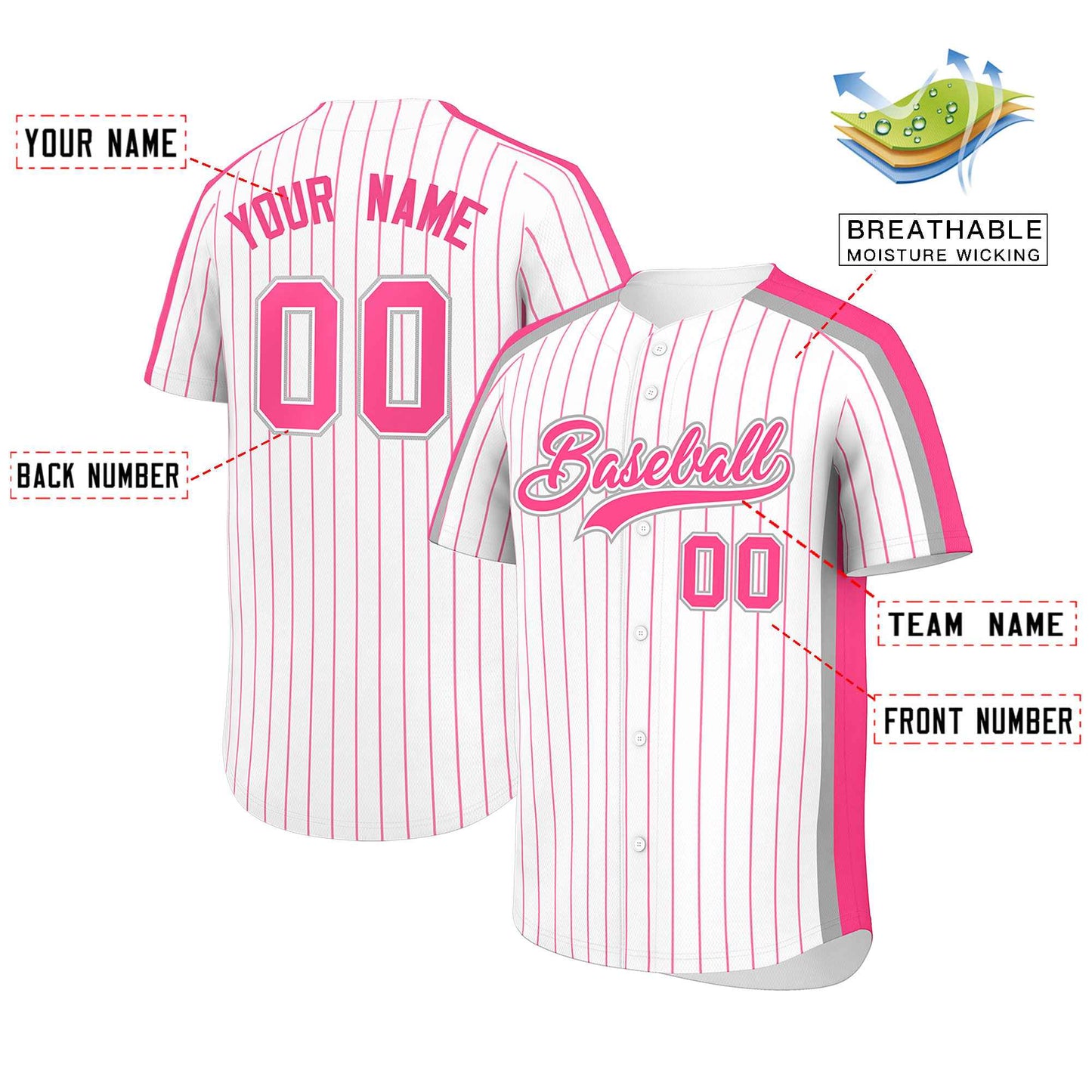 Custom White Pink Pinstripe Personalized Side Two-tone Authentic Baseball Jersey