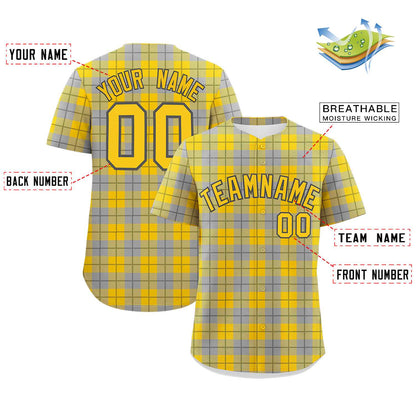 Custom Gold Gray Personalized Plaid Design Authentic Baseball Jersey