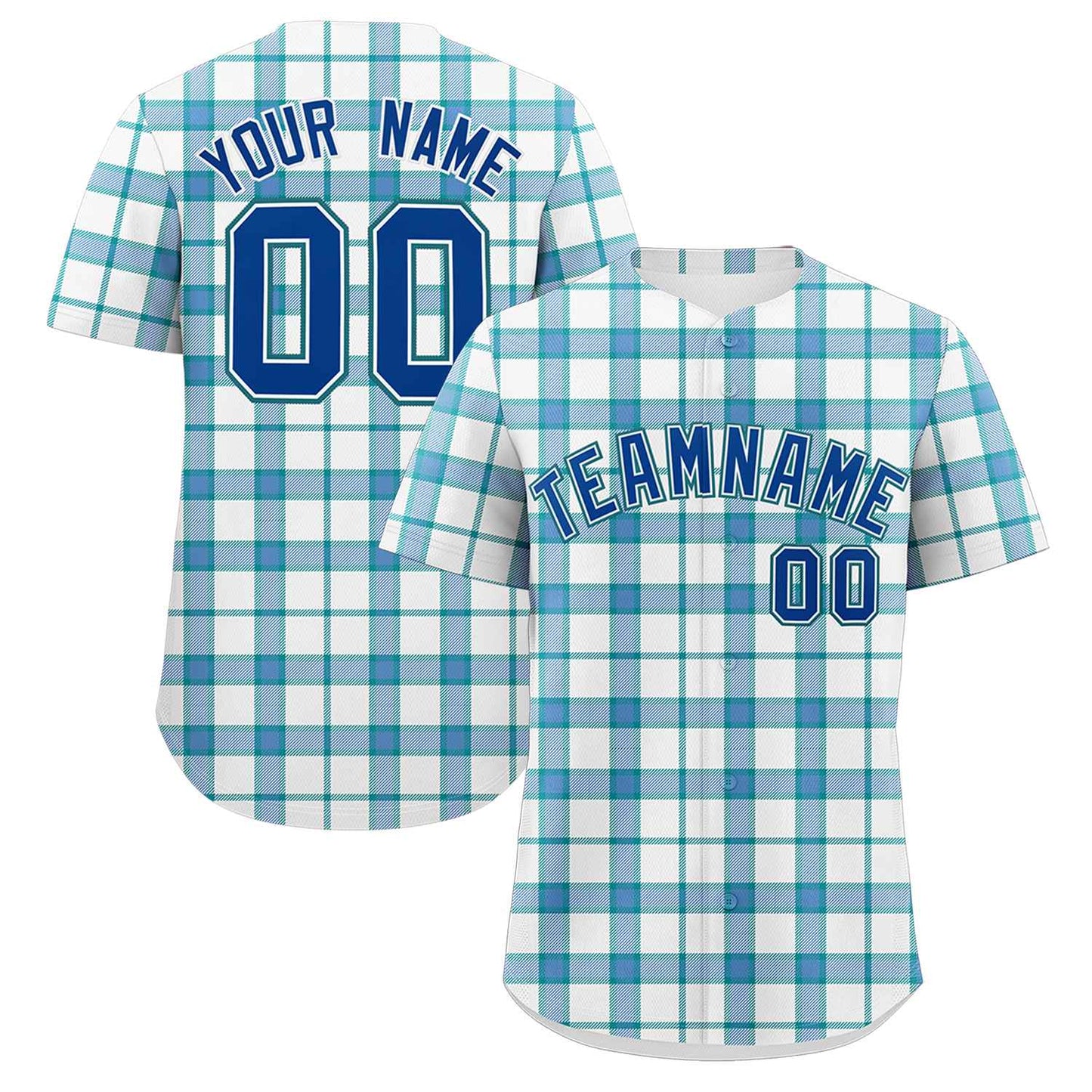 Custom White Aqua Personalized Plaid Design Authentic Baseball Jersey