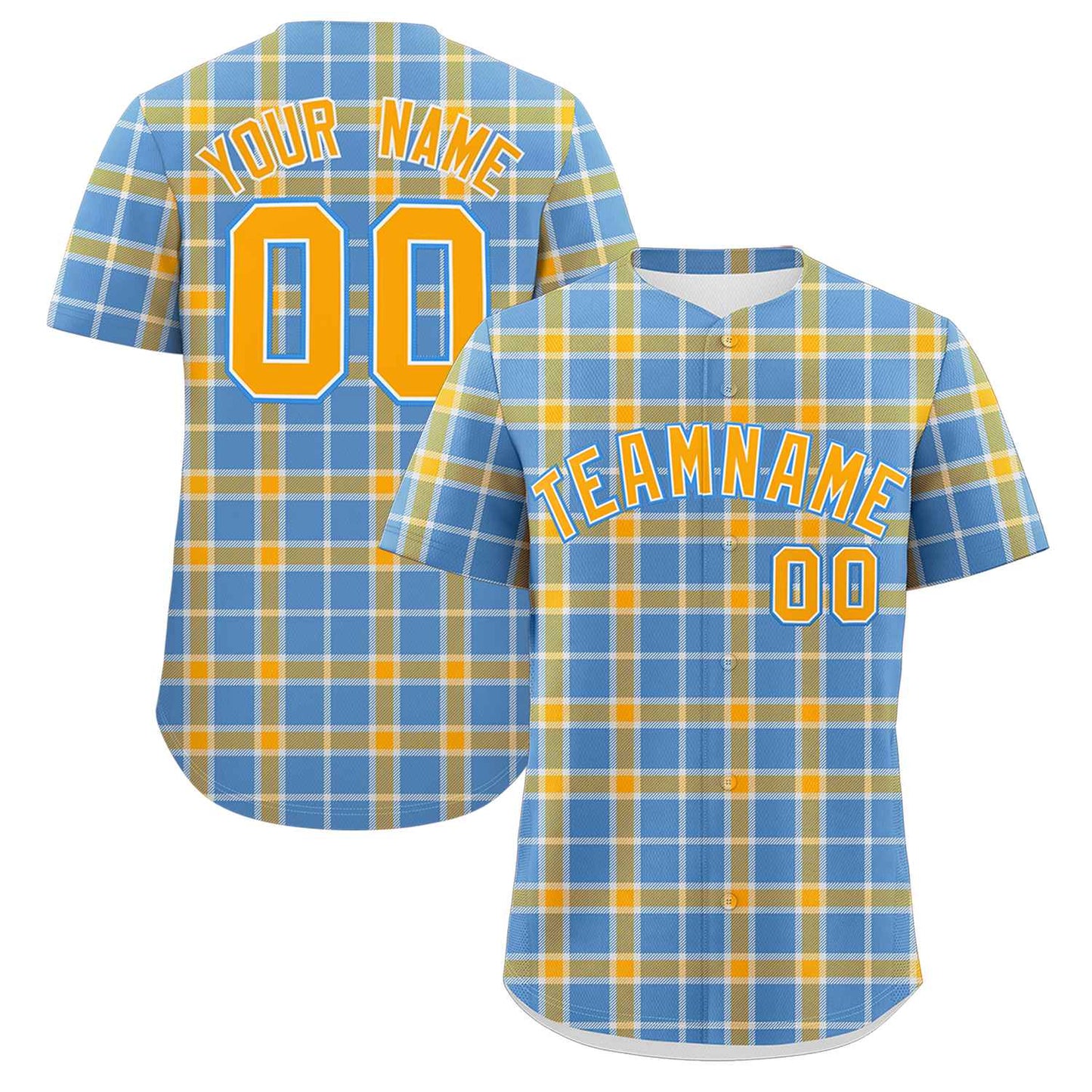 Custom Light Blue Yellow Personalized Plaid Design Authentic Baseball Jersey