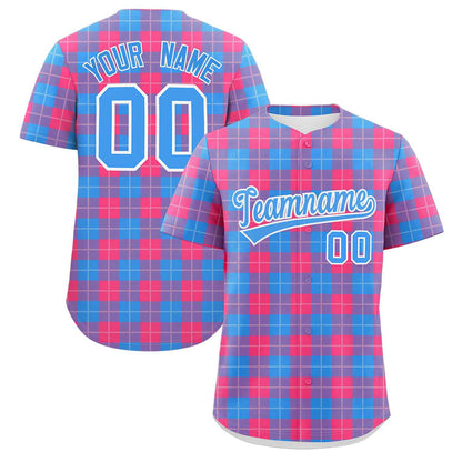 Custom Powder Blue Pink Personalized Plaid Design Authentic Baseball Jersey