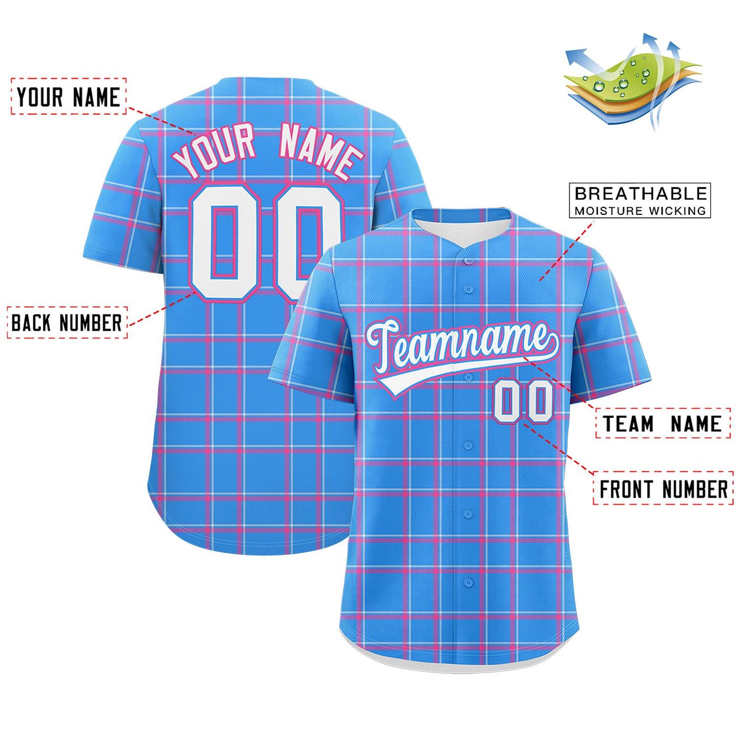 Custom Powder Blue Personalized Plaid Design Authentic Baseball Jersey