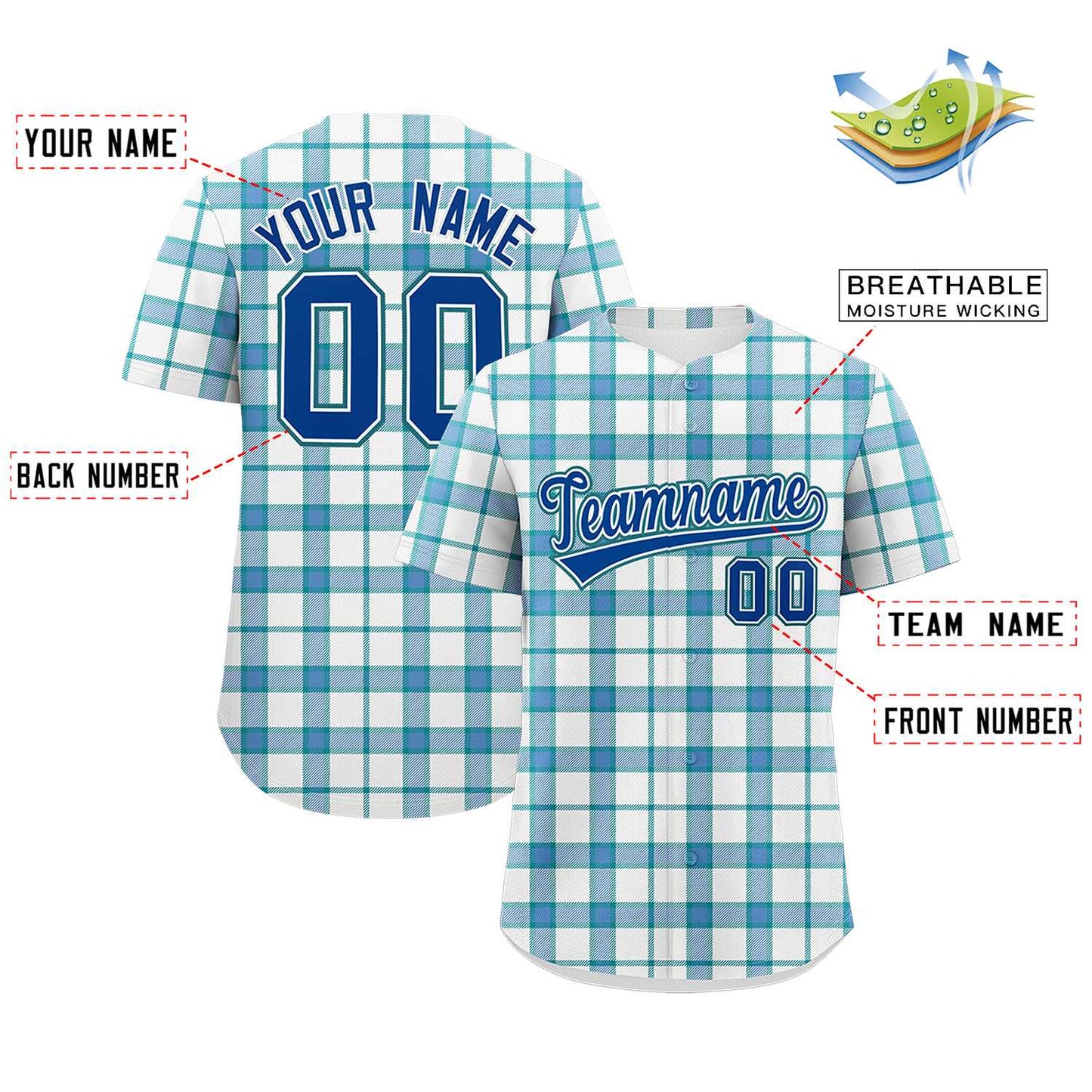 Custom White Aqua Personalized Plaid Design Authentic Baseball Jersey