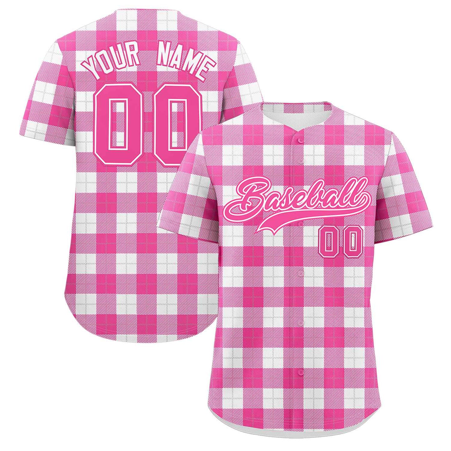 Custom Pink White Personalized Plaid Design Authentic Baseball Jersey