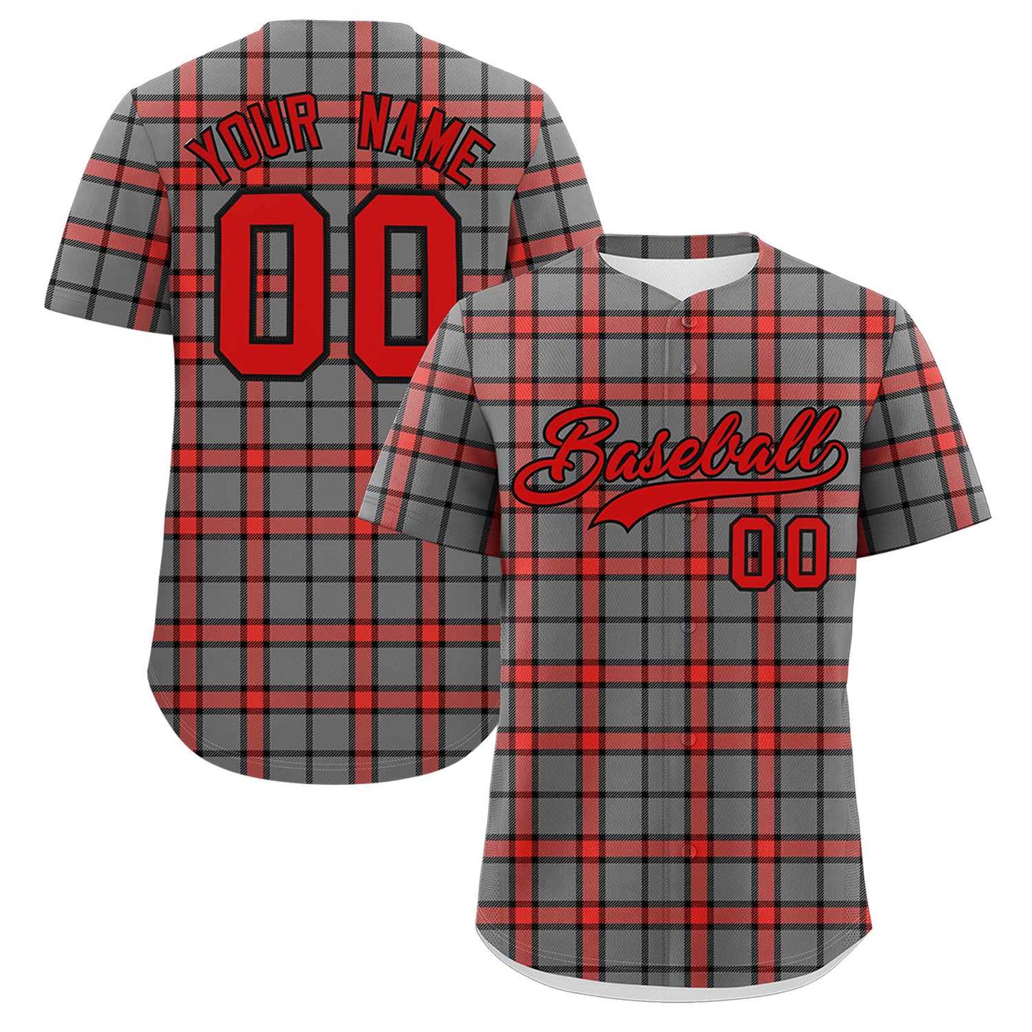 Custom Gray Personalized Plaid Design Authentic Baseball Jersey