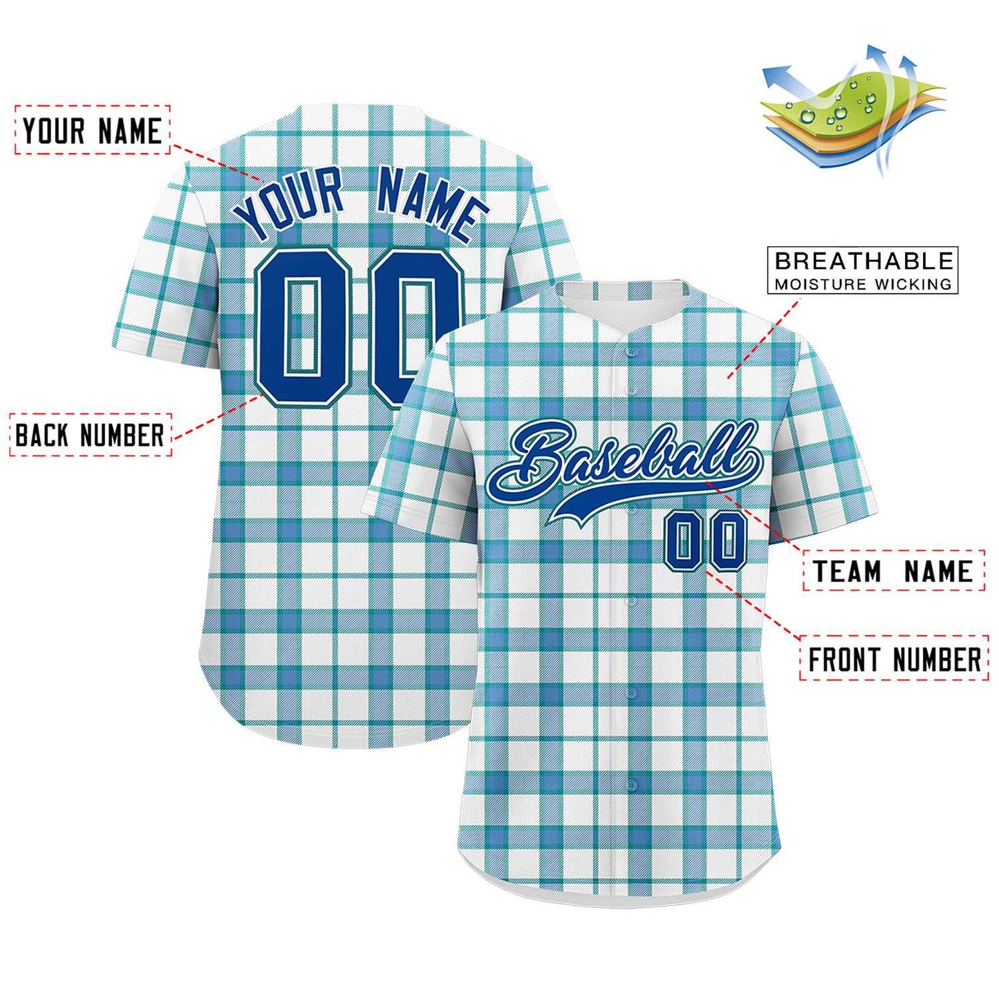 Custom White Aqua Personalized Plaid Design Authentic Baseball Jersey