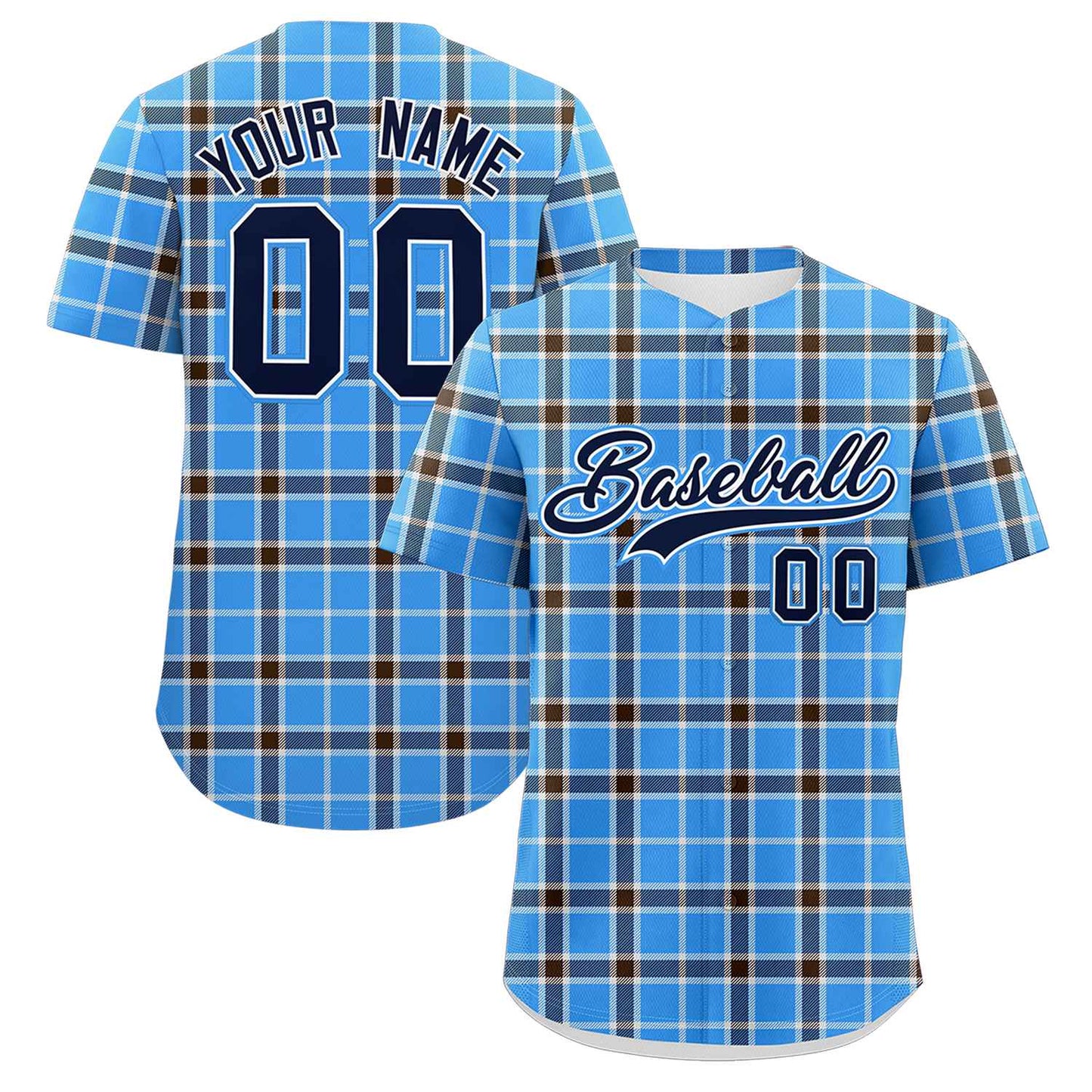 Custom Powder Blue Personalized Plaid Design Authentic Baseball Jersey