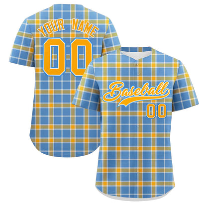 Custom Light Blue Yellow Personalized Plaid Design Authentic Baseball Jersey