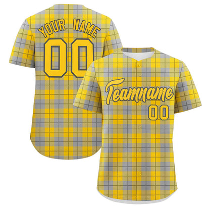 Custom Gold Gray Personalized Plaid Design Authentic Baseball Jersey