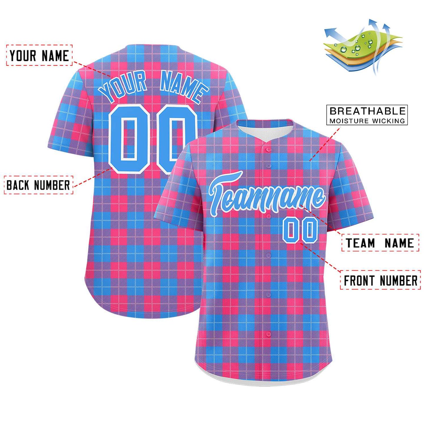 Custom Powder Blue Pink Personalized Plaid Design Authentic Baseball Jersey