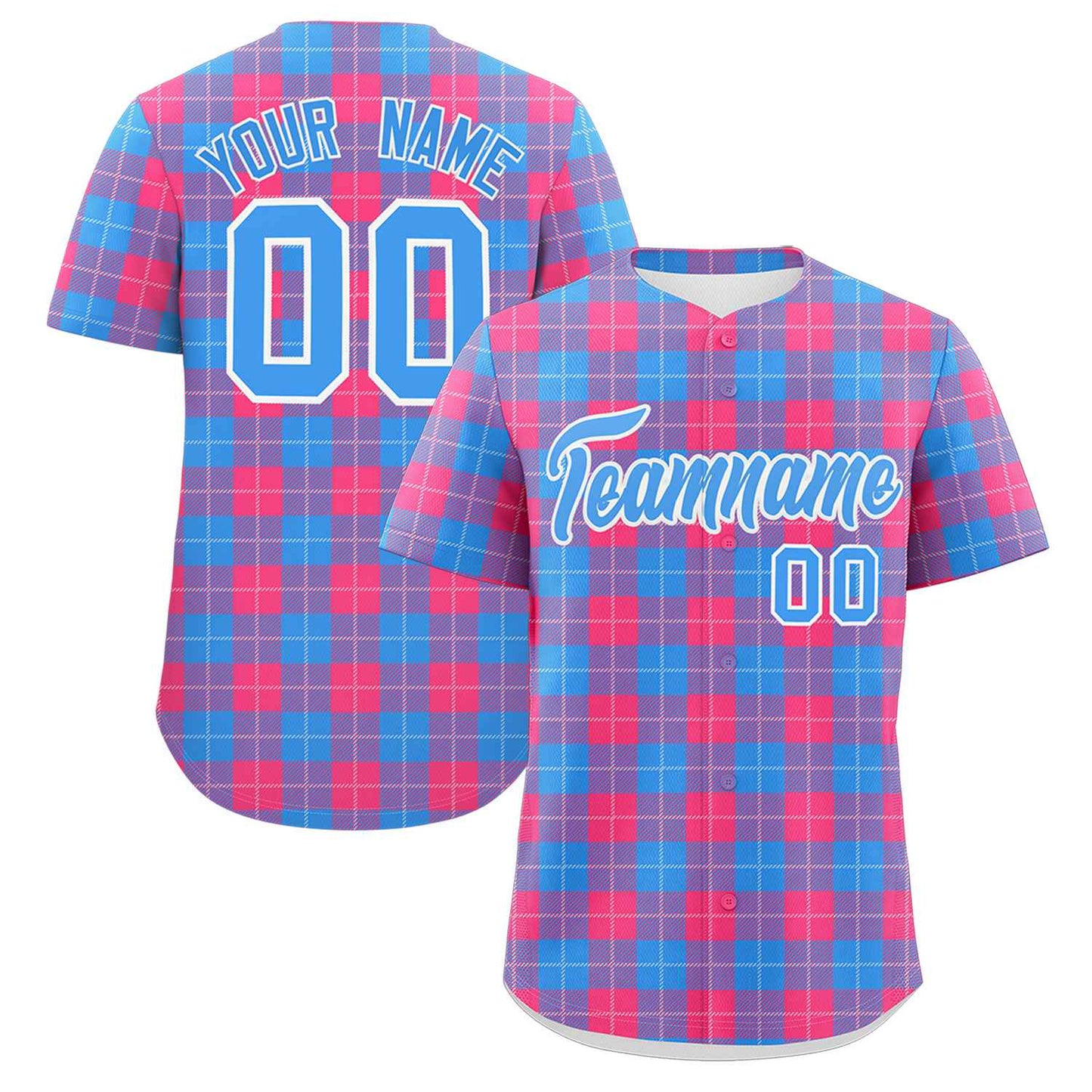 Custom Powder Blue Pink Personalized Plaid Design Authentic Baseball Jersey