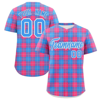 Custom Powder Blue Pink Personalized Plaid Design Authentic Baseball Jersey