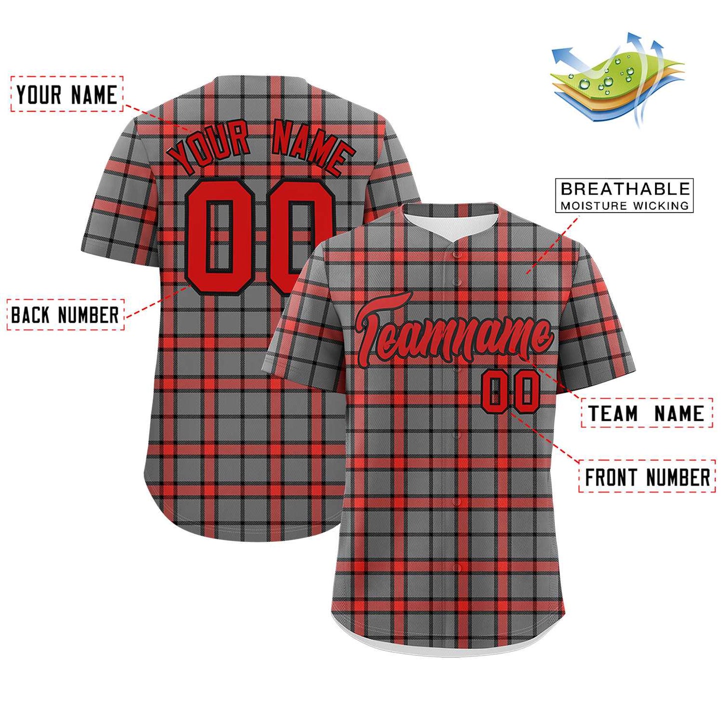 Custom Gray Personalized Plaid Design Authentic Baseball Jersey