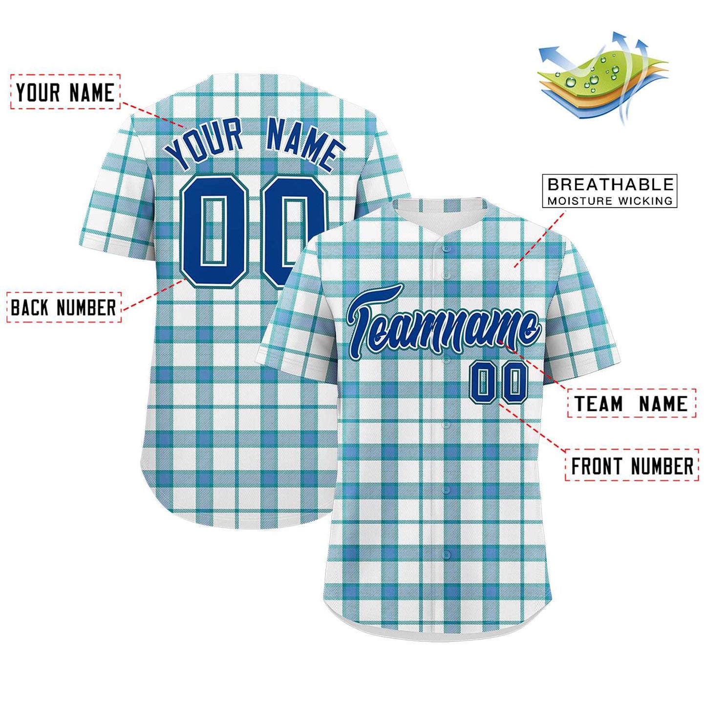 Custom White Aqua Personalized Plaid Design Authentic Baseball Jersey