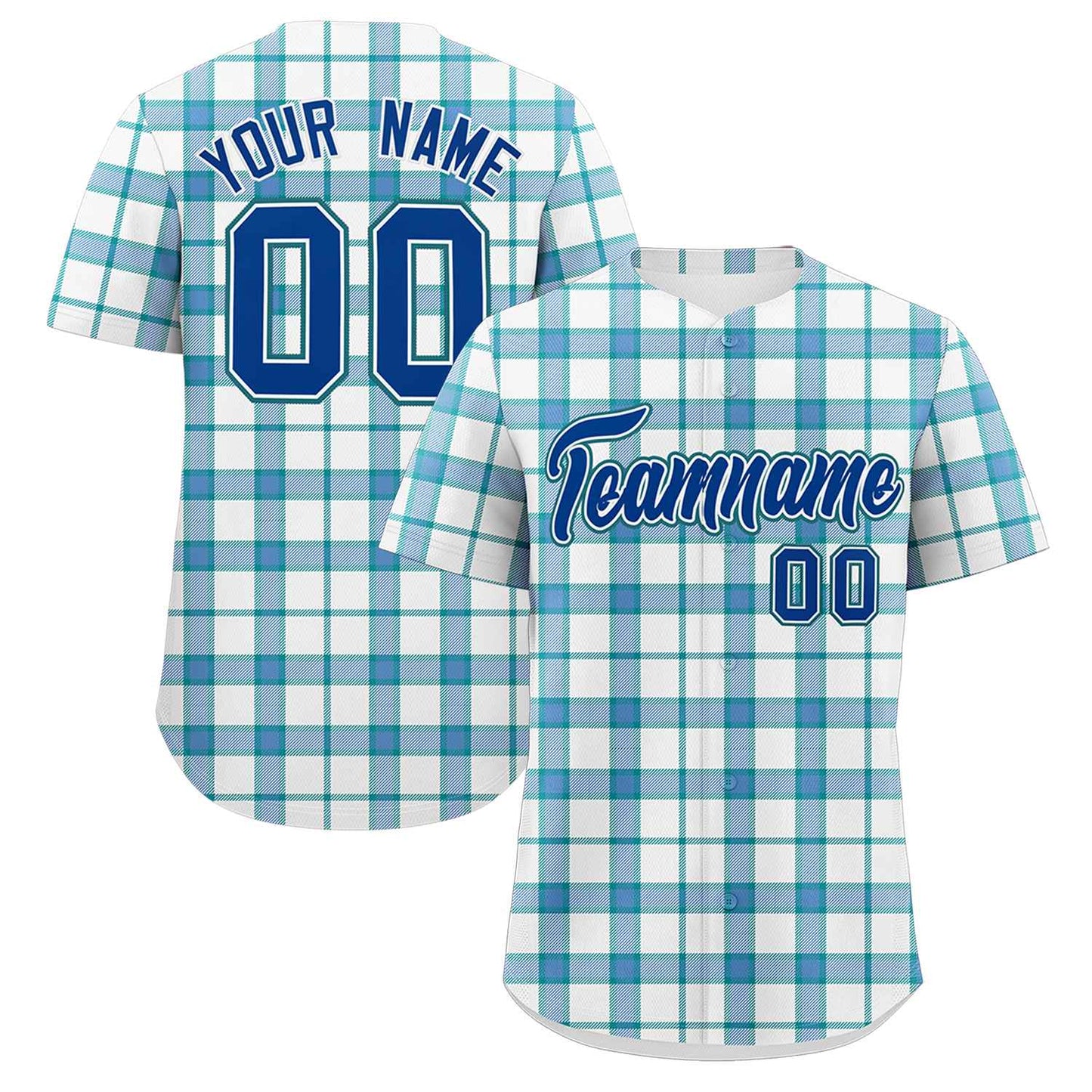 Custom White Aqua Personalized Plaid Design Authentic Baseball Jersey