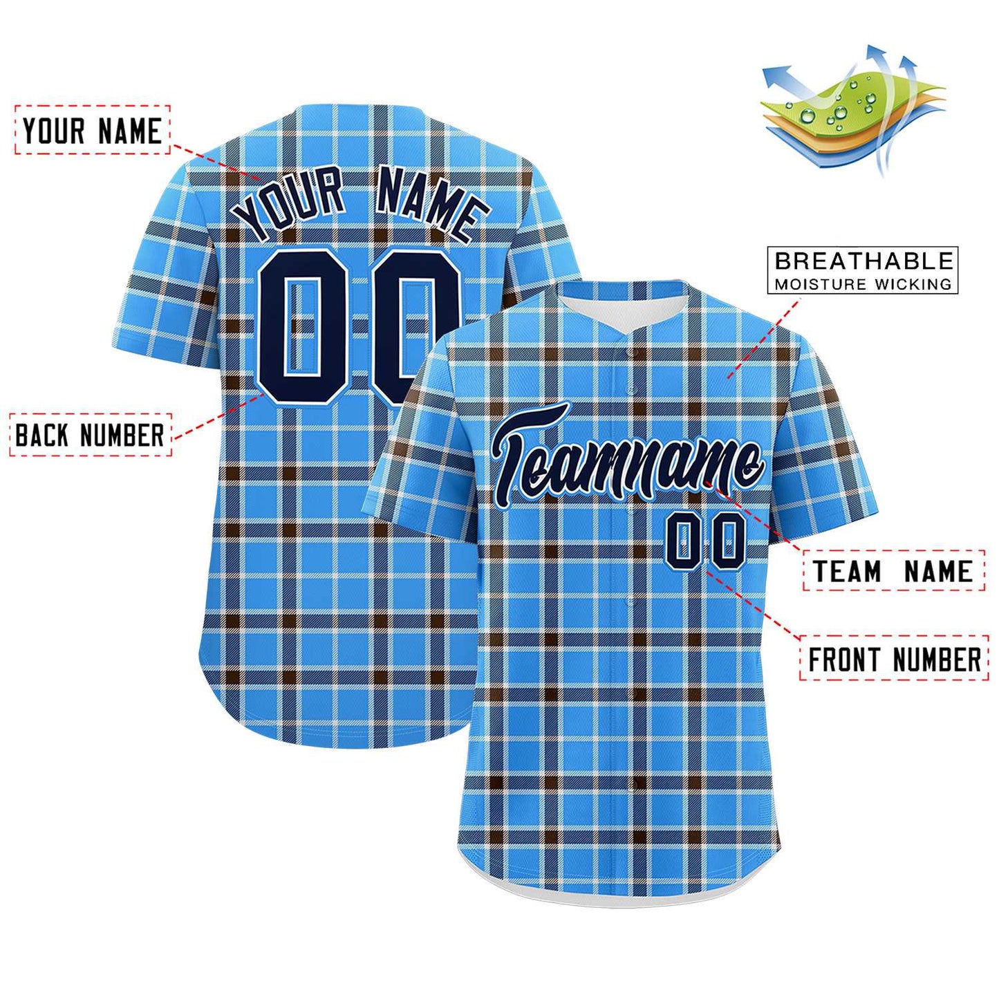 Custom Powder Blue Personalized Plaid Design Authentic Baseball Jersey