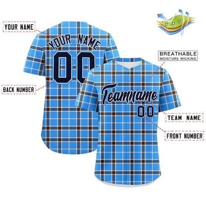 Custom Powder Blue Personalized Plaid Design Authentic Baseball Jersey