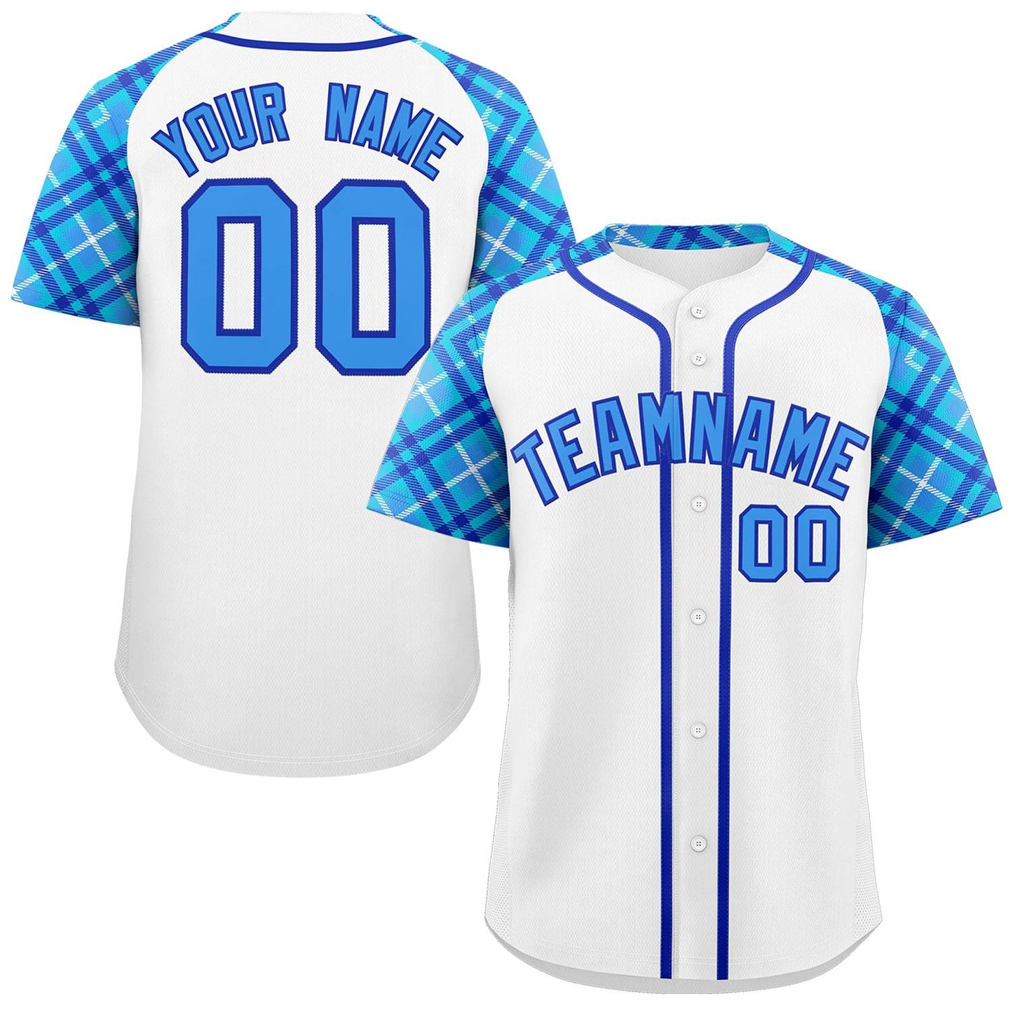 Custom White Powder Blue-Royal Personalized Raglan Sleeves Authentic Baseball Jersey