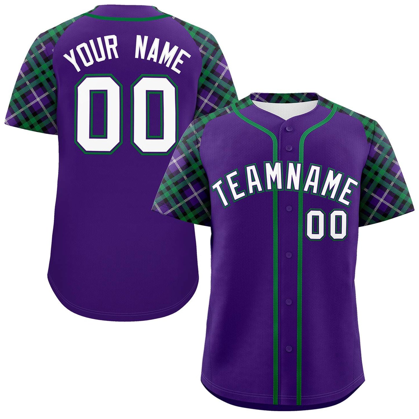 Custom Purple White-Kelly Green Personalized Raglan Sleeves Authentic Baseball Jersey