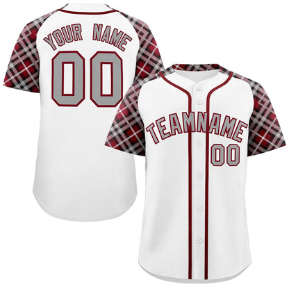 Custom White Gray-Crimson Personalized Raglan Sleeves Authentic Baseball Jersey