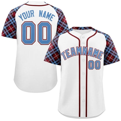 Custom White Light Blue-Crimson Personalized Raglan Sleeves Authentic Baseball Jersey