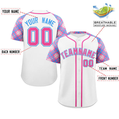 Custom White Pink-Powder Blue Personalized Raglan Sleeves Authentic Baseball Jersey