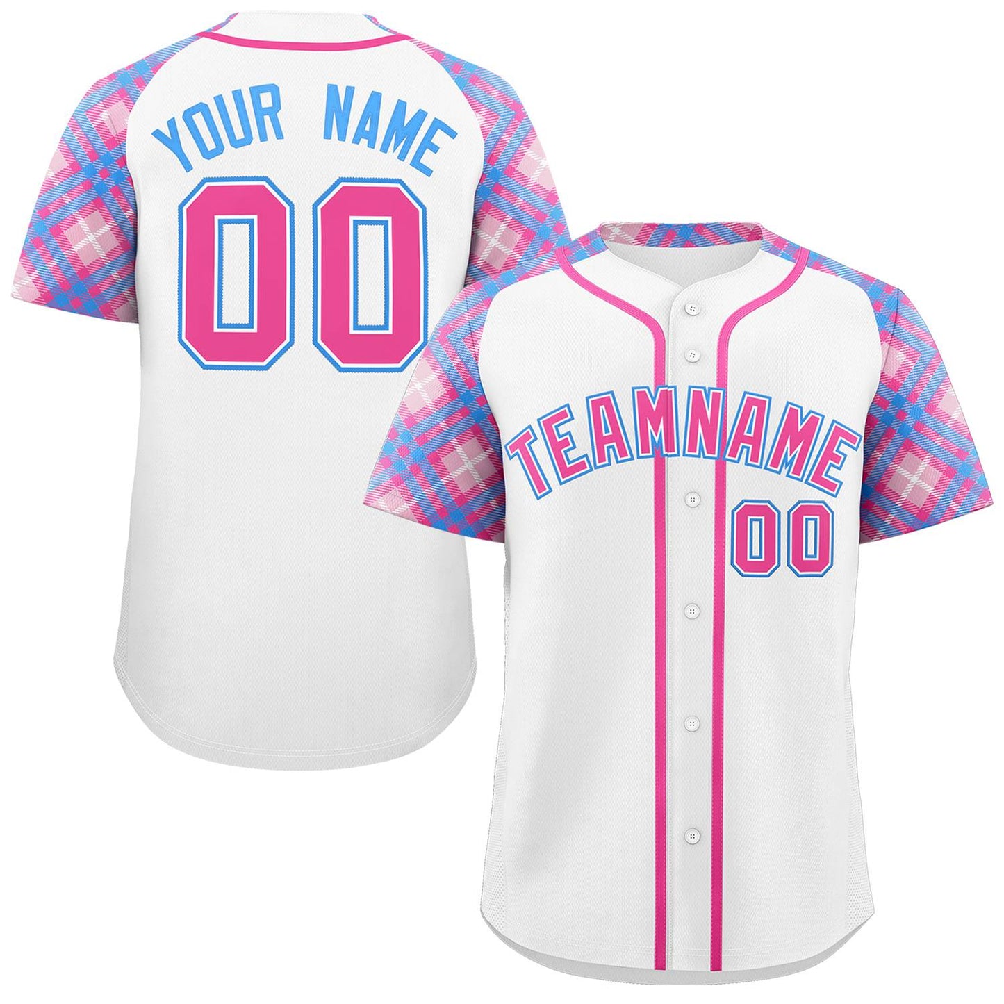 Custom White Pink-Powder Blue Personalized Raglan Sleeves Authentic Baseball Jersey