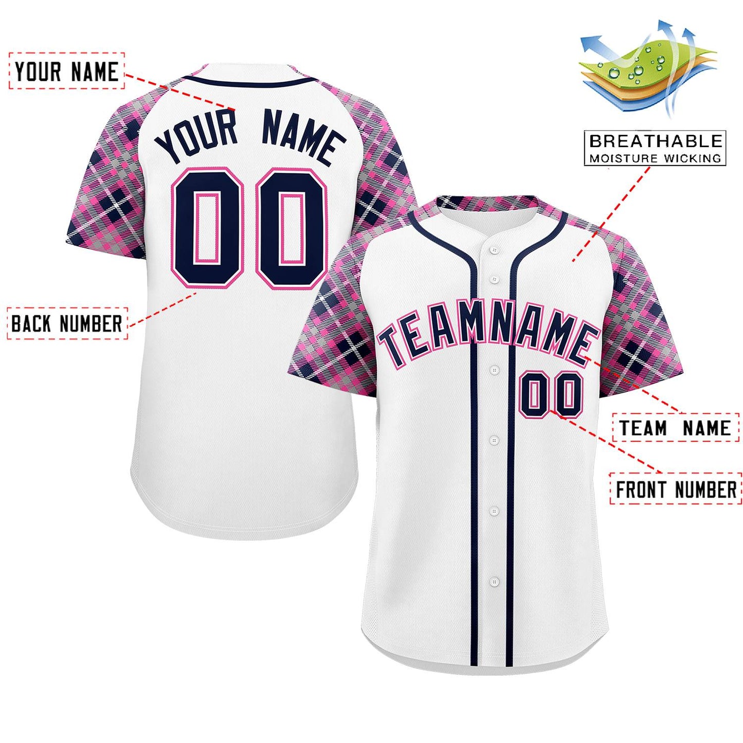 Custom White Navy-Pink Personalized Raglan Sleeves Authentic Baseball Jersey