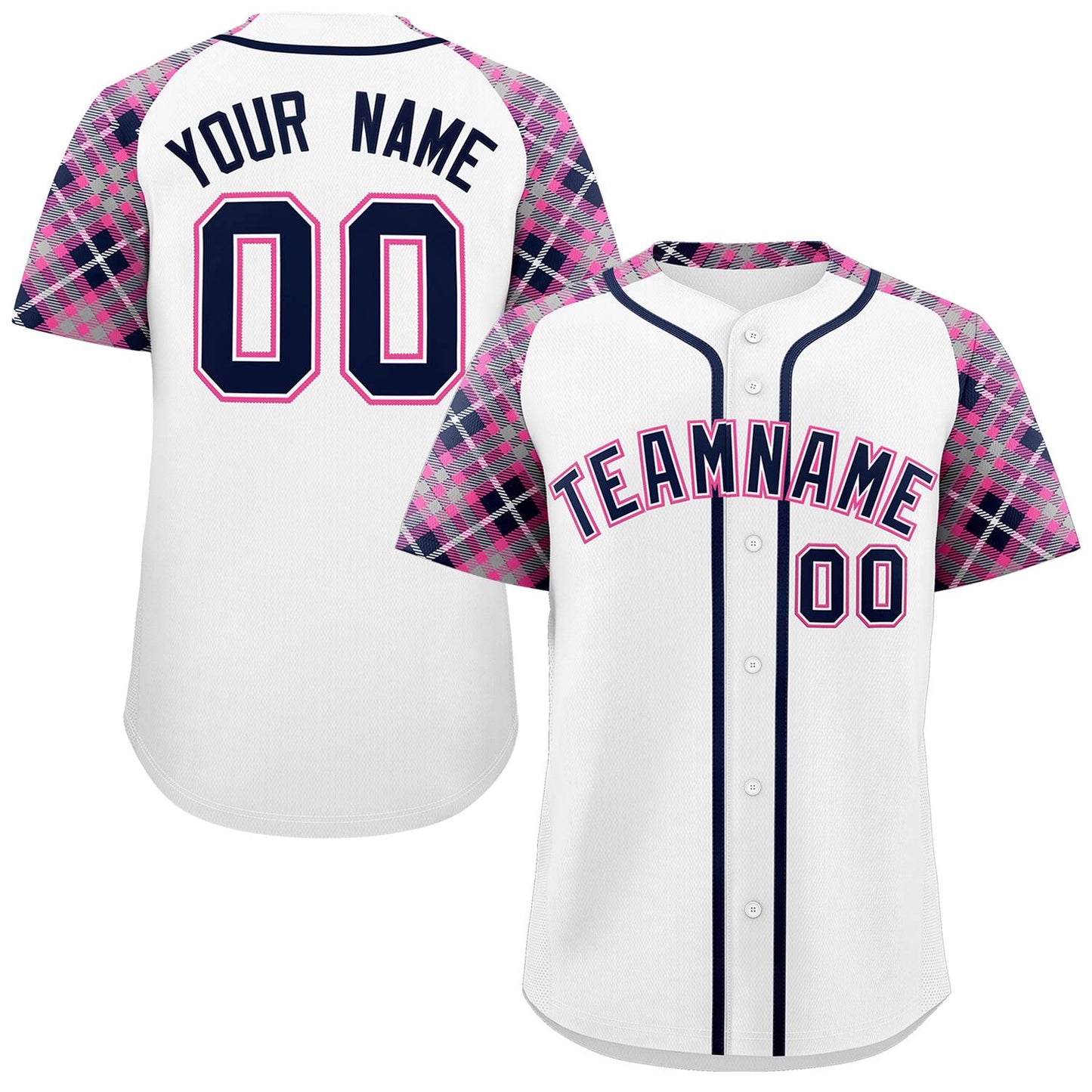 Custom White Navy-Pink Personalized Raglan Sleeves Authentic Baseball Jersey