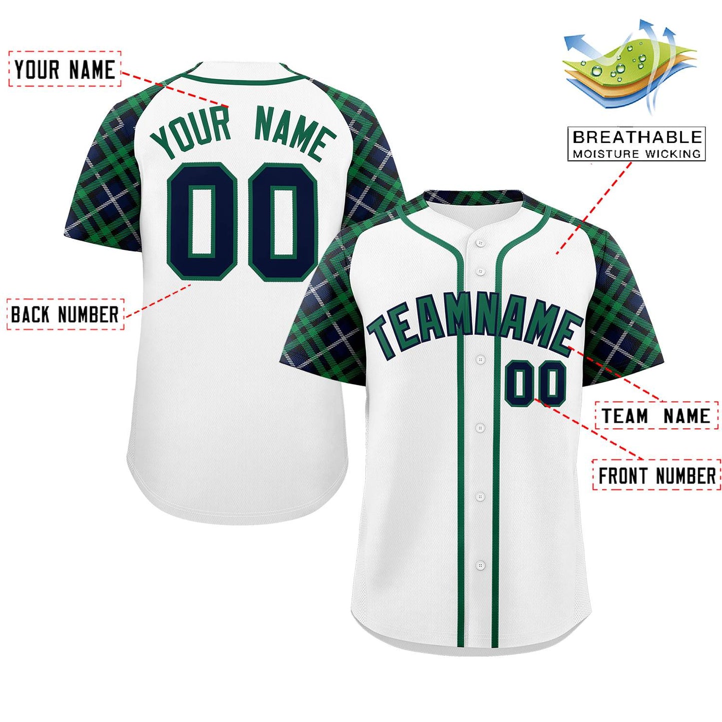 Custom White Kelly Green-Navy Personalized Raglan Sleeves Authentic Baseball Jersey