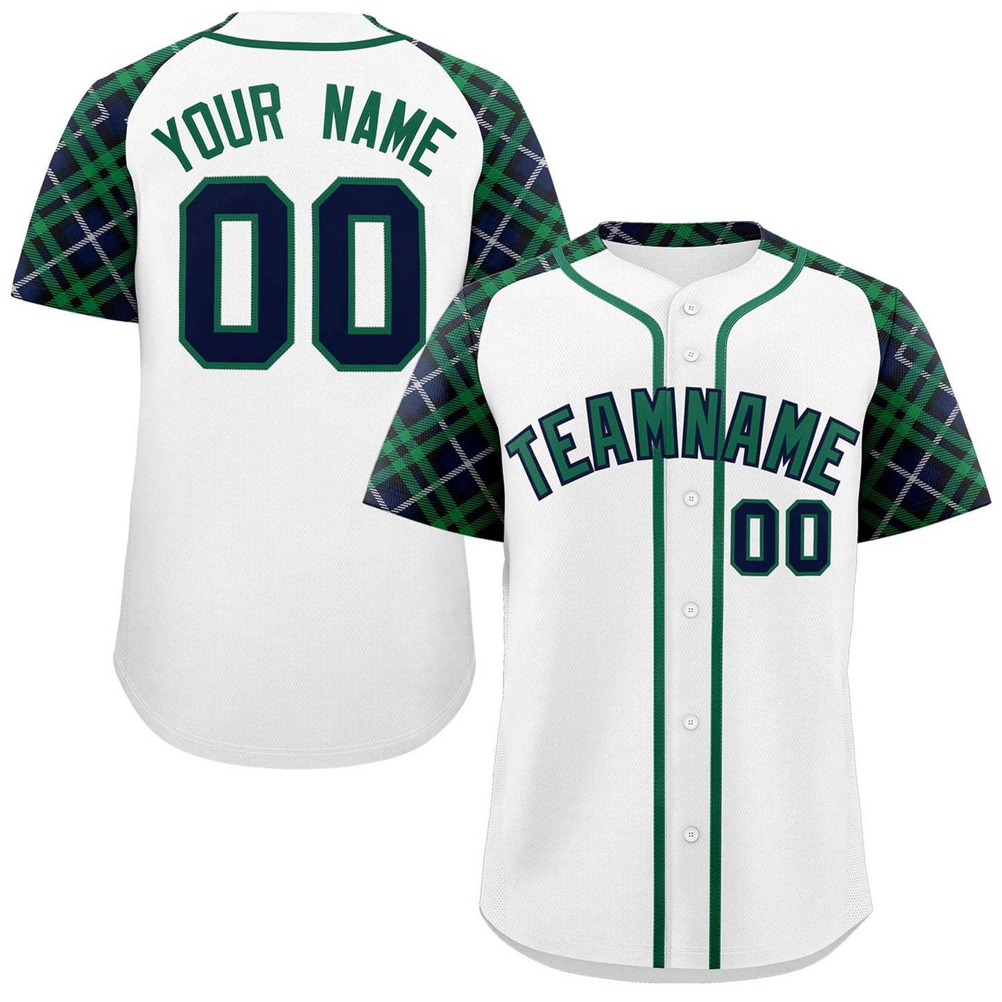 Custom White Kelly Green-Navy Personalized Raglan Sleeves Authentic Baseball Jersey