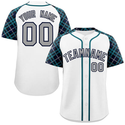 Custom White Gray-Navy Personalized Raglan Sleeves Authentic Baseball Jersey