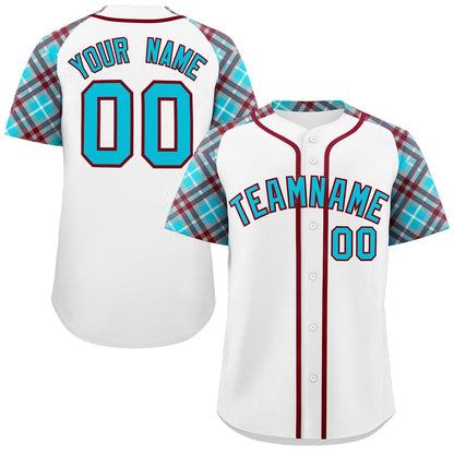 Custom White Sky Blue-Crimson Personalized Raglan Sleeves Authentic Baseball Jersey