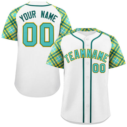 Custom White Bright Green-Gold Personalized Raglan Sleeves Authentic Baseball Jersey