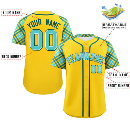 Custom Gold Bright Green-Midnight Green Personalized Raglan Sleeves Authentic Baseball Jersey