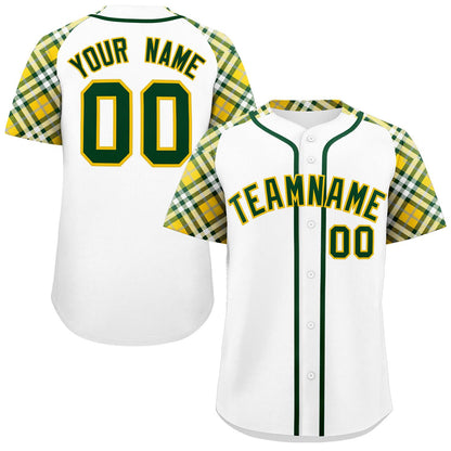 Custom White Green-Gold Personalized Raglan Sleeves Authentic Baseball Jersey