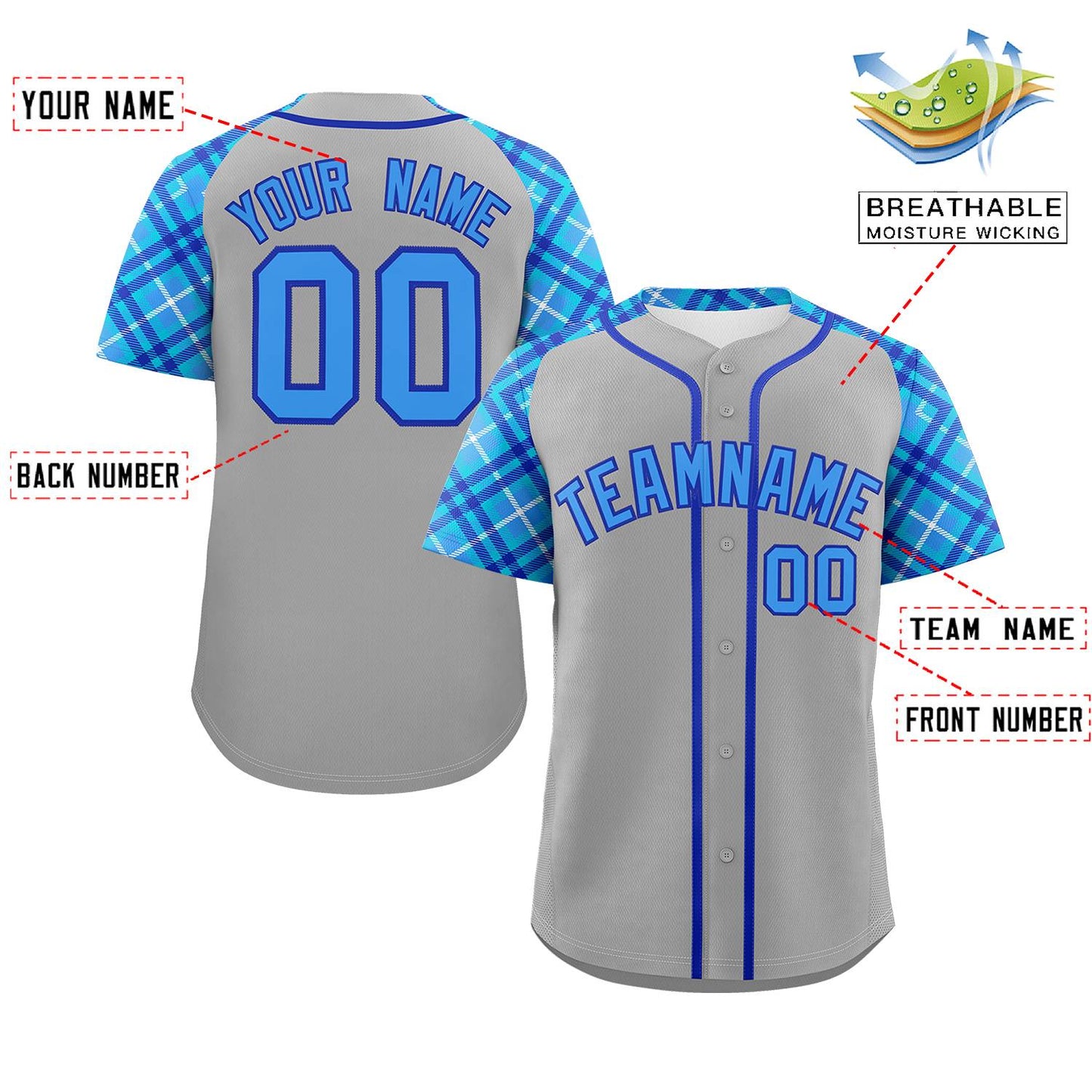 Custom Gray Powder Blue-Royal Personalized Raglan Sleeves Authentic Baseball Jersey