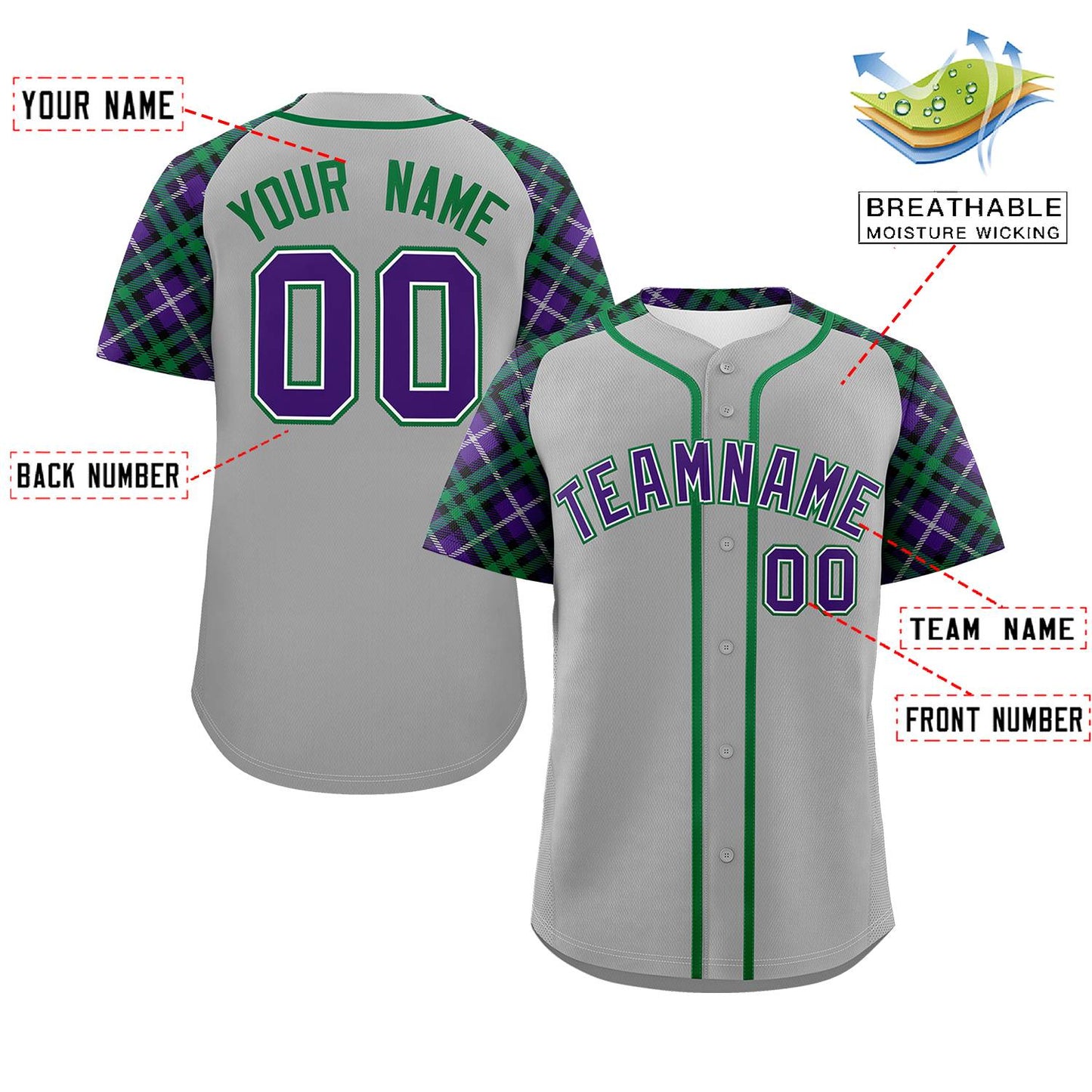 Custom Gray Purple-Kelly Green Personalized Raglan Sleeves Authentic Baseball Jersey