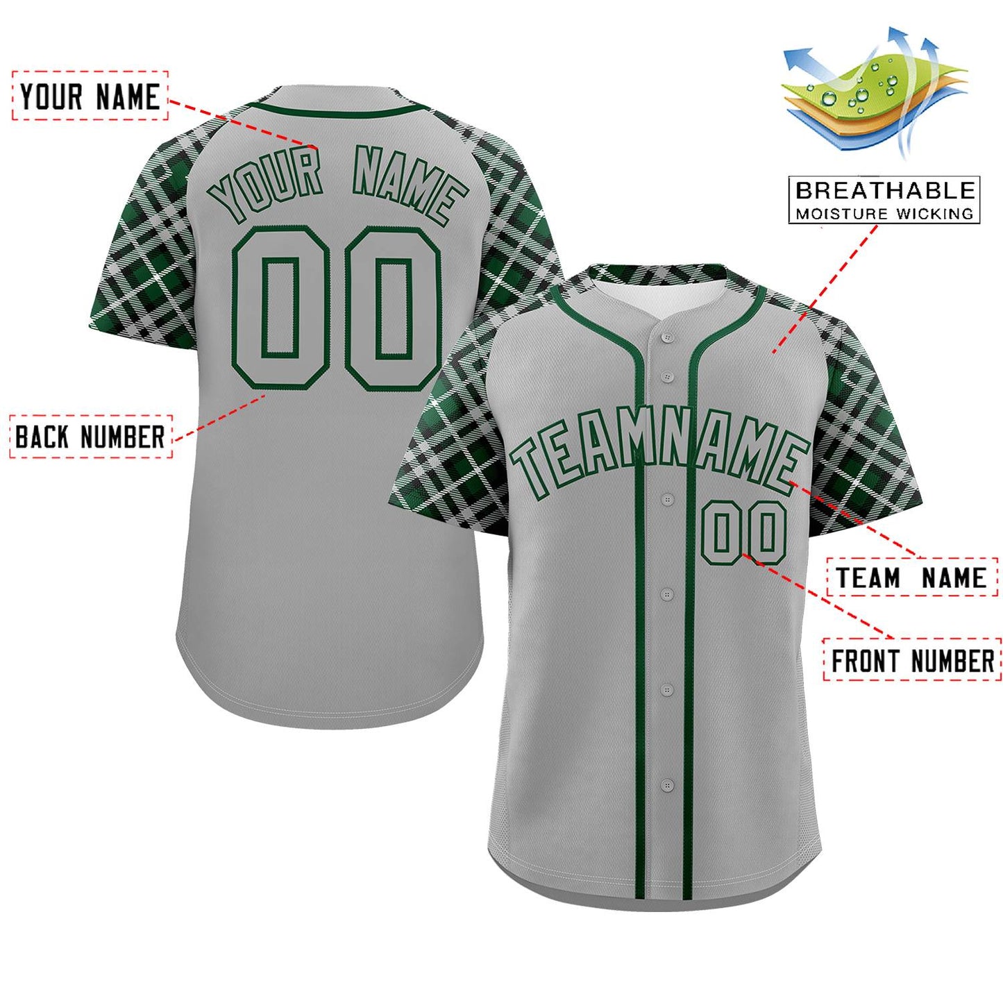 Custom Gray-Kelly Green Personalized Raglan Sleeves Authentic Baseball Jersey