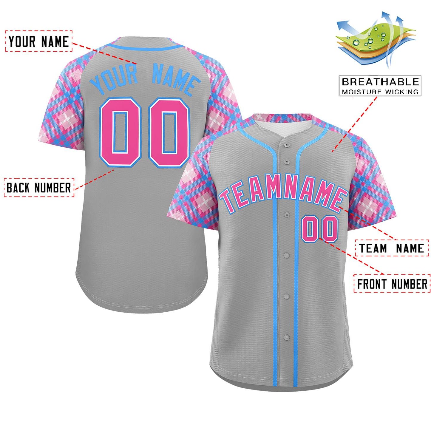 Custom Gray Pink-Light Blue Personalized Raglan Sleeves Authentic Baseball Jersey