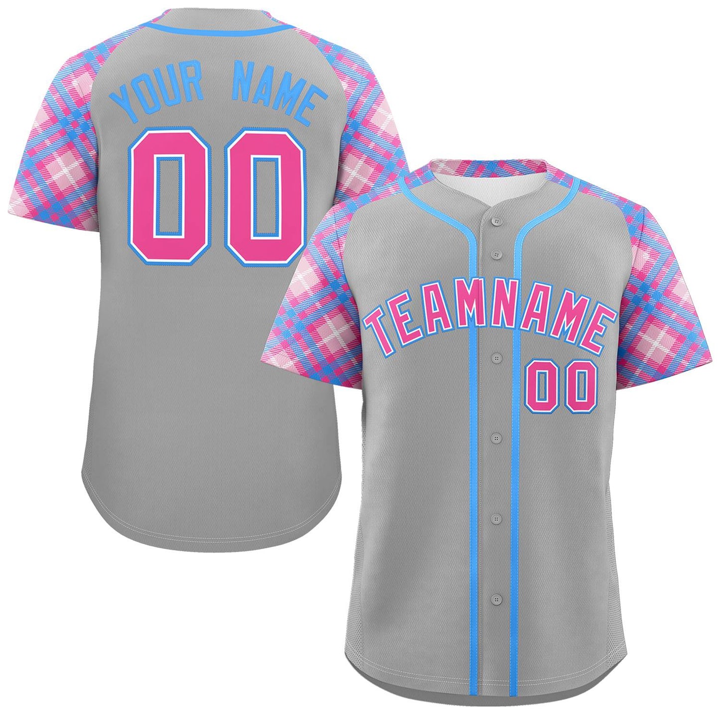 Custom Gray Pink-Light Blue Personalized Raglan Sleeves Authentic Baseball Jersey