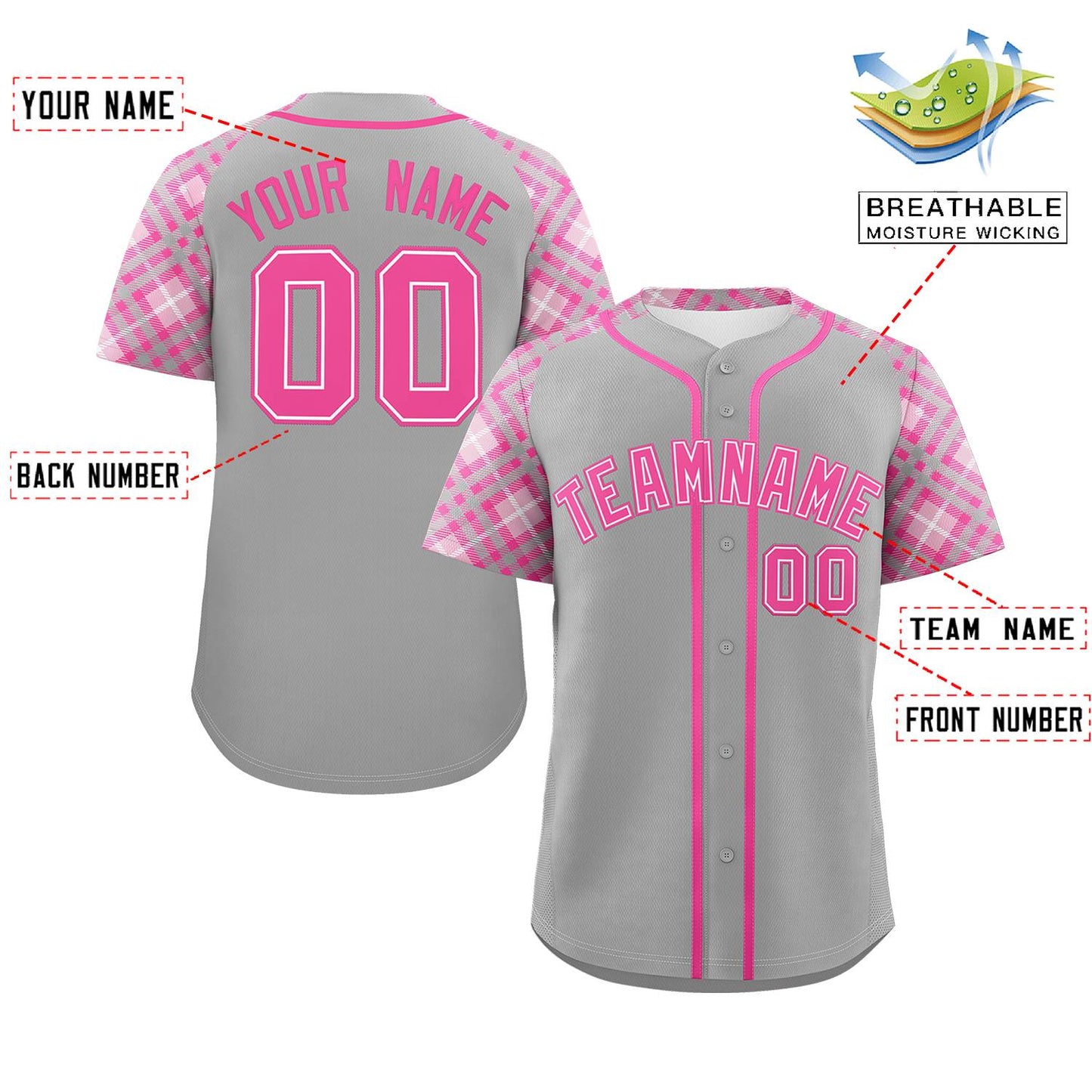 Custom Gray Pink- Personalized Raglan Sleeves Authentic Baseball Jersey