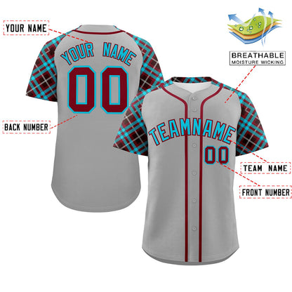 Custom Gray Sky Blue-Crimson Personalized Raglan Sleeves Authentic Baseball Jersey