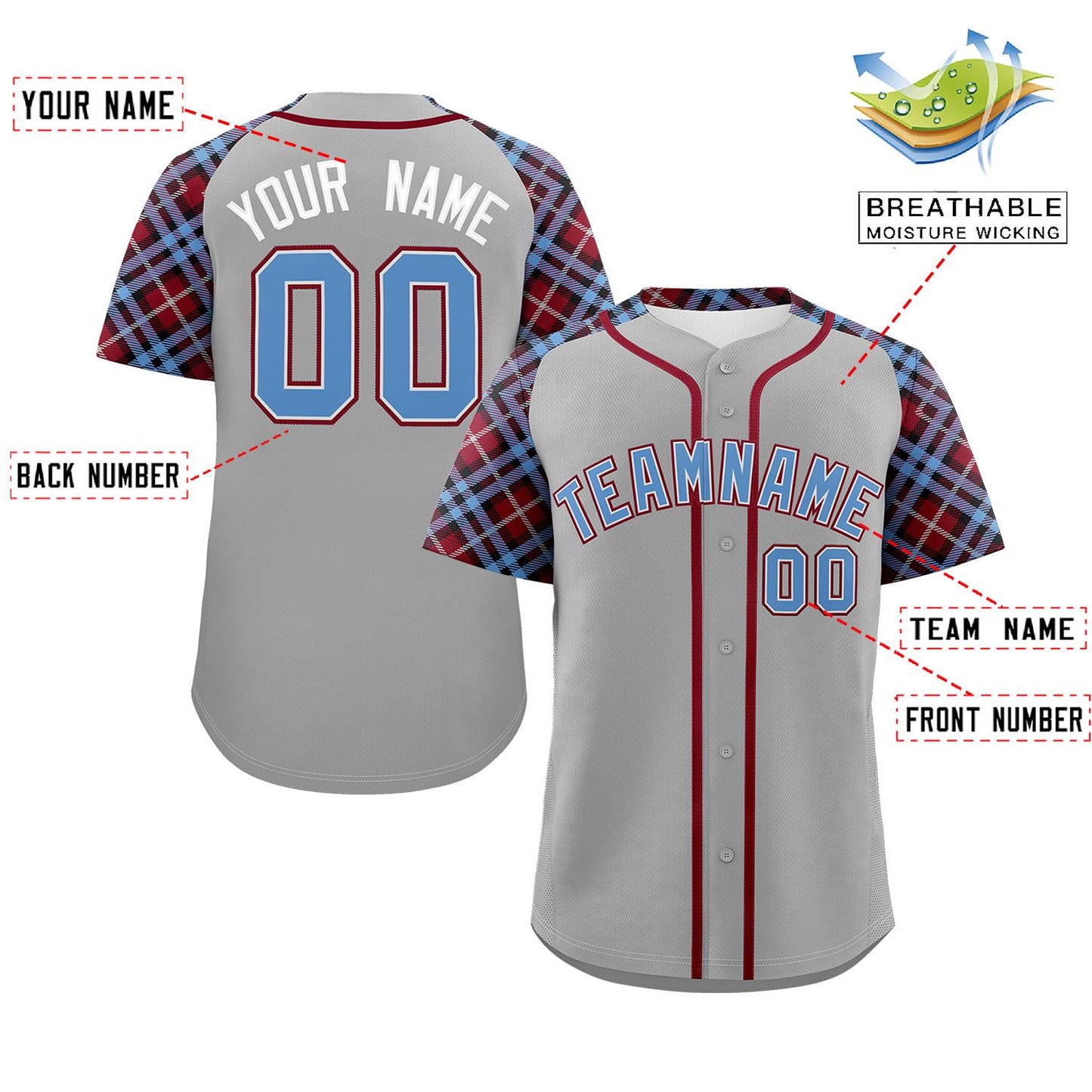 Custom Gray Light Blue-Crimson Personalized Raglan Sleeves Authentic Baseball Jersey