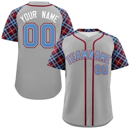 Custom Gray Light Blue-Crimson Personalized Raglan Sleeves Authentic Baseball Jersey